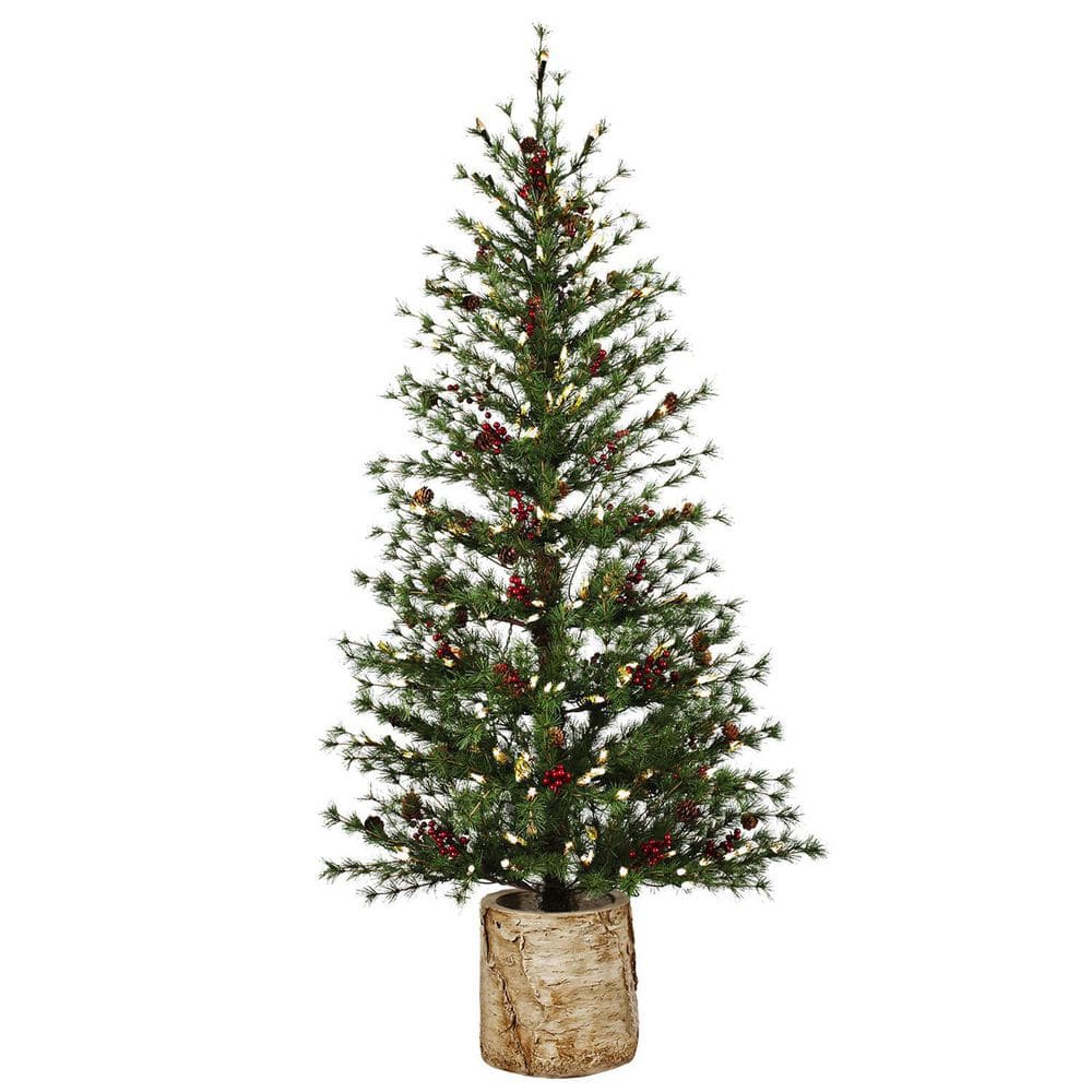 Evergreen 5 ft. PreLit Artificial Christmas Tree with Resin Birch Pot 84G3127 The Home Depot