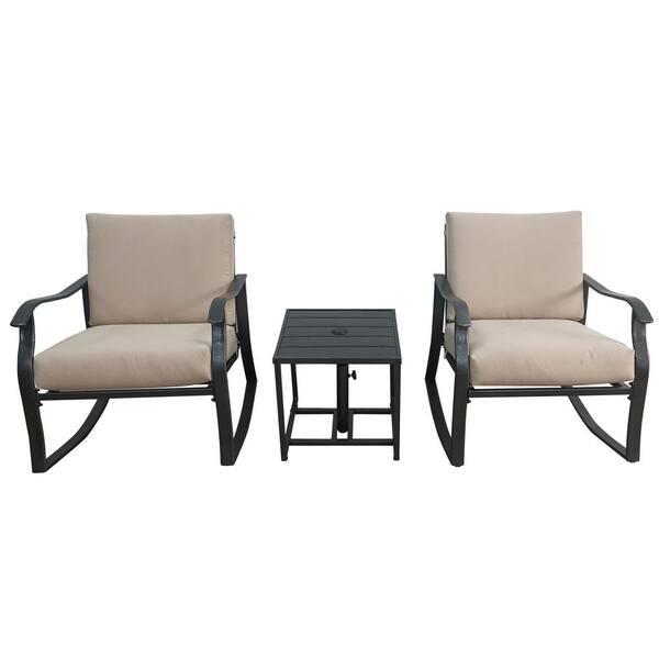 Unbranded 3 Piece Metal Outdoor Bistro Rocker Set Chair and Teapoy with Beige Cushion