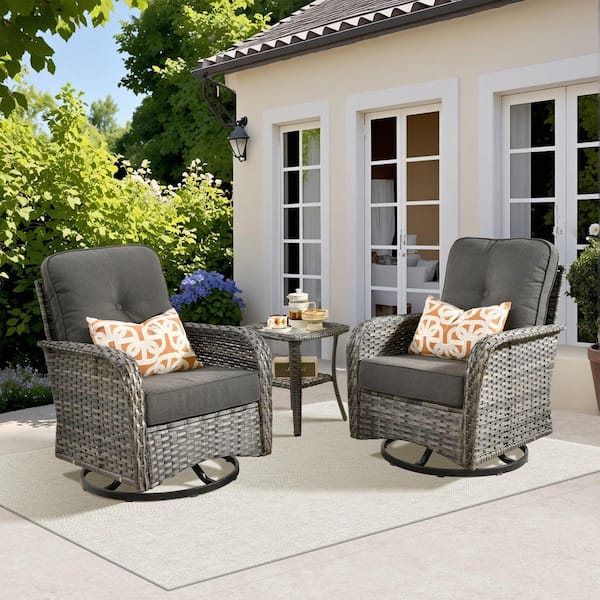Clivia 3-PCS Gray Swivel Rocking Wicker Patio Outdoor Lounge Chair Chat Set with Coffee Table and Black Cushion
