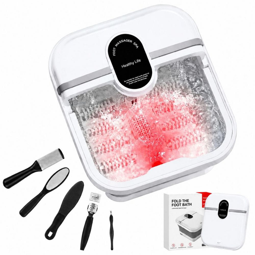 Collapsible Foot Spa Bath Massager with Heat, Bubbles, Timer, Red Light and 8 Shiatsu Rollers for Pedicure Soaks