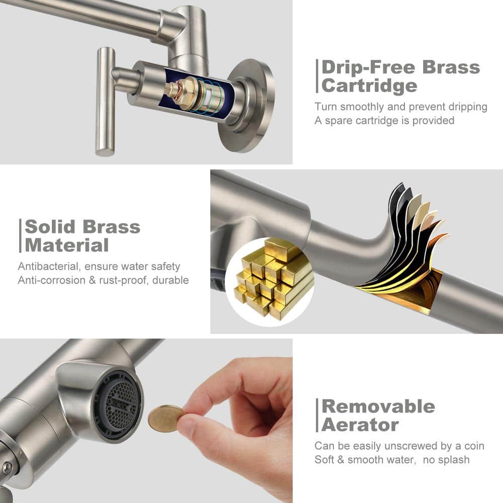 Brushed Nickel Wall Mount Double Handle Pot Filler Faucet