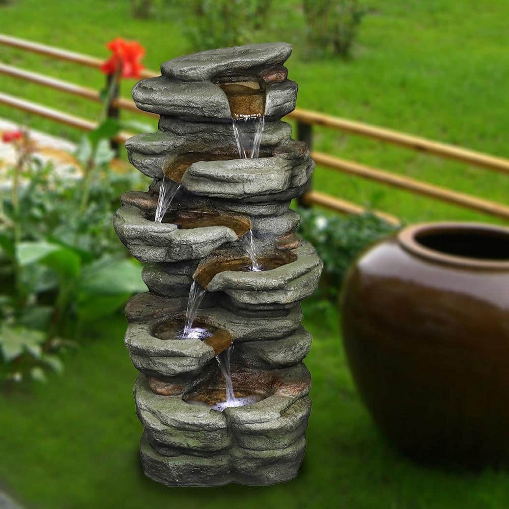 5-Tier Rock Water Fountain with LED Rockery Cascading Outdoor Waterfall Fou
