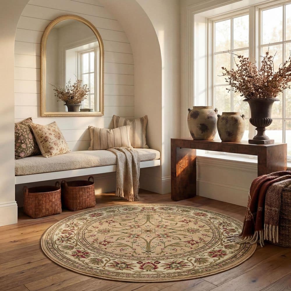 Lyndhurst 10 ft. x 10 ft. Round Beige/Ivory Border Floral Antique Area Rug price history on PriceWatchPro