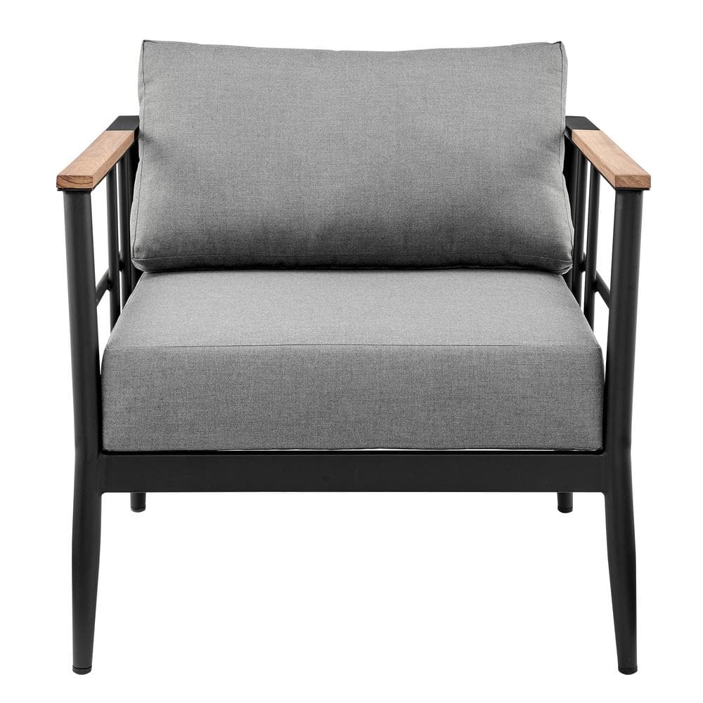 Veyda Black Aluminum and Teak Outdoor Chair with Dark Gray Cushions