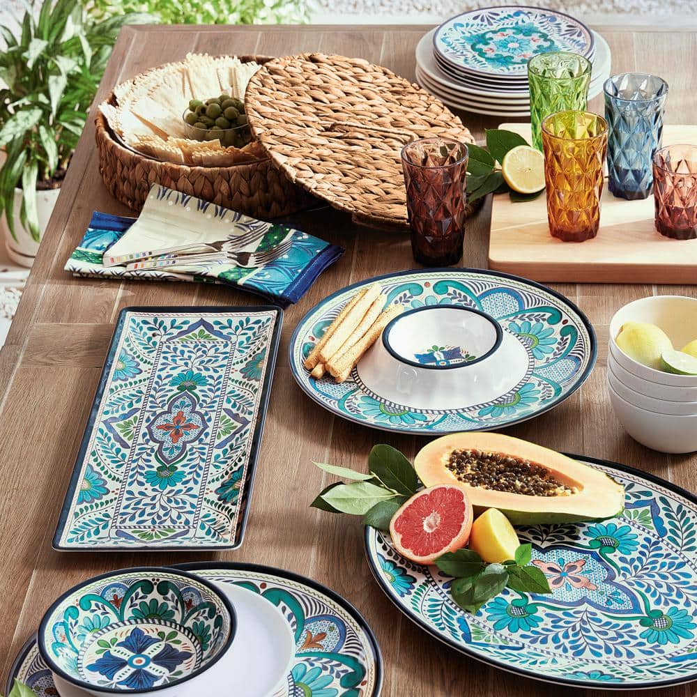 Talavera Blue Floral Melamine 12-Piece Dinnerware Set for 4