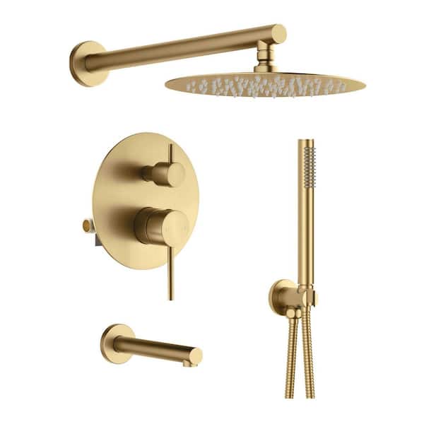 2-Handle 3-Spray Shower Faucet 1.8 GPM with Pressure Balance, Corrosion Resistant Wall Mount in Brushed Brass