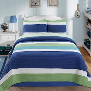 Nautical Color Stripped 3-Piece Navy Blue Turquoise Green White Cotton Queen Quilt Bedding Set
