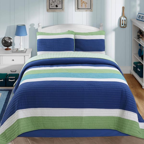 Cozy Line Home Fashions Nautical Color Stripped 3 Piece Navy Blue Turquoise Green White Cotton Queen Quilt Bedding Set Bb2019 001q The Home Depot