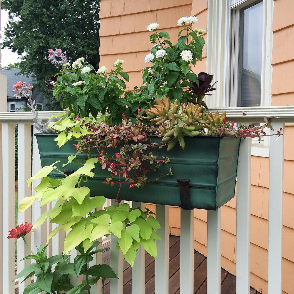 Medium Green Galvanized Flower Box with Black Wall Brackets