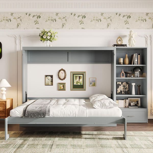 Gray Wood Frame Queen Size Murphy Bed Wall Bed with Left-Side or Right-Side Storage Bookcase and Adjustable Shelf