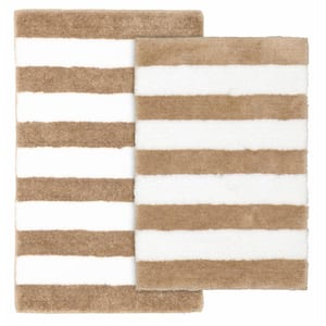 Beach Stripe Tan and White 21 in. x 34 in. Stripe Nylon Polyester 2-Piece Bath Mat Set