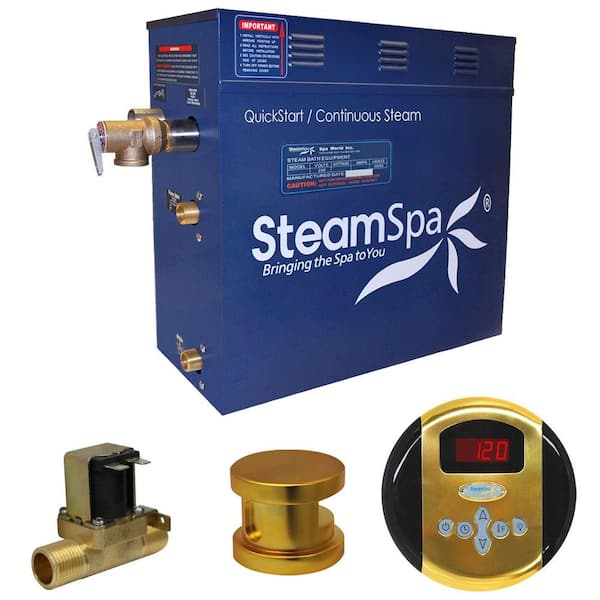 SteamSpa Oasis 6kW QuickStart Steam Bath Generator Package with Built-In Auto Drain in Polished Gold
