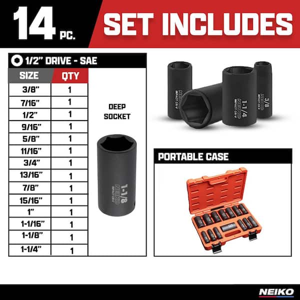 NEIKO 1/2 in. Drive SAE 6 Point Deep Impact Socket Set (14-Piece