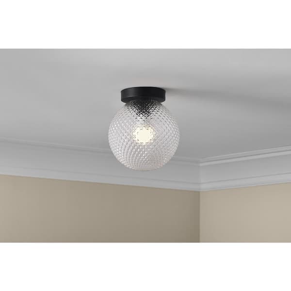 Hampton Bay Walsh 8 in. 1-Light Black Flush Mount with Prismatic Glass Shade