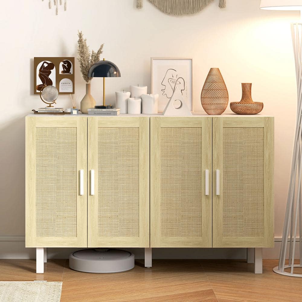 White and Natural Rattan 134 cm Sideboard Buffet Cabinet