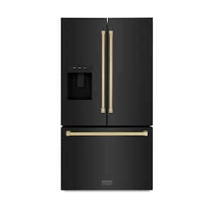 36 in. 3-Door French Door Refrigerator with Dual Ice Maker in Black Stainless Steel & Champagne Bronze Handles