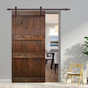 Clavos Series 36 in. x 84 in. Brown Stained Solid Pine Wood Interior Sliding Barn Door with Sliding Door Hardware Kit