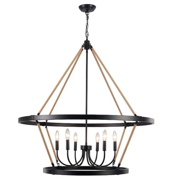 6-Light Black Farmhouse 2 Tiers Wagon Wheel Chandelier for Bedroom