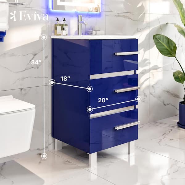 Eviva Deluxe 20 in. W x 18 in. D x 34 in. H Single Freestanding Bath Vanity in Blue White Porcelain Integrated Sink Top