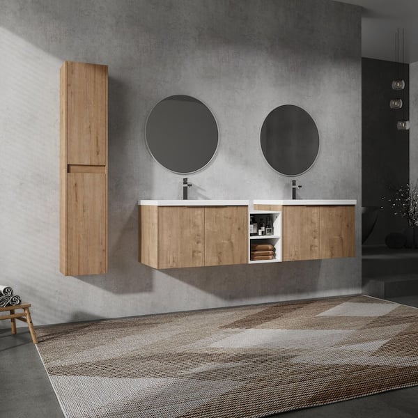 Geneva 71.1 in. W X 18.1 in. D x 19.3 in. H Floating Bath Vanity in Imitative Oak with White Resin Vanity Top