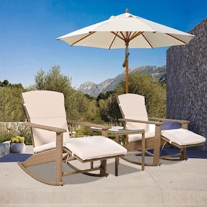 3-Piece Natural Wicker Outdoor Rocking Chair with Coffee Table Beige Cushions 2-Pack