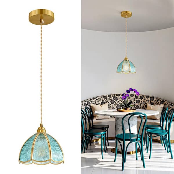 60-Watt 1-Light Modern Blue Pendant Light With Glass Shade Hanging Light Fixture For Kitchen Island, No Bulbs Included