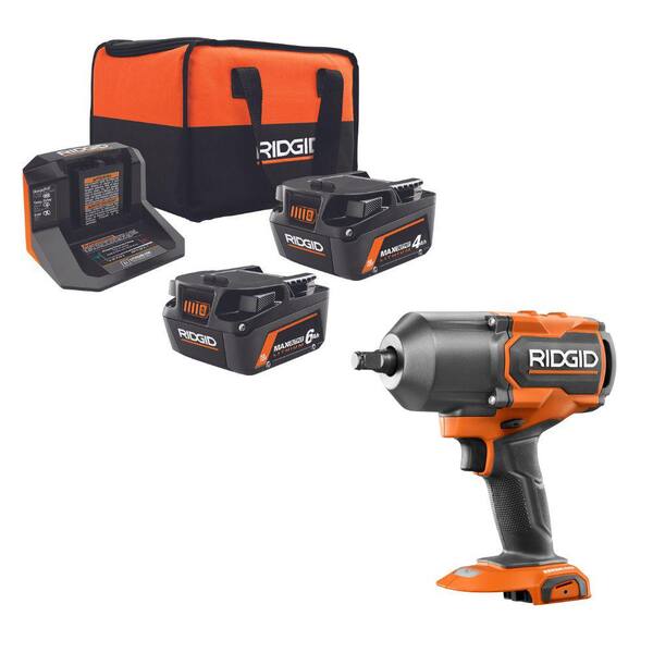 18V MAX Output Kit with 6.0 Ah and 4.0 Ah MAX Output Batteries, Charger & 18V Brushless High Torque Impact Wrench RIDGID