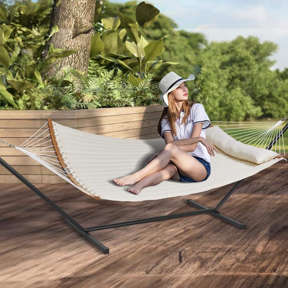 Cream Double Quilted Fabric Hammock with Bamboo Spreader Bars and Stand
