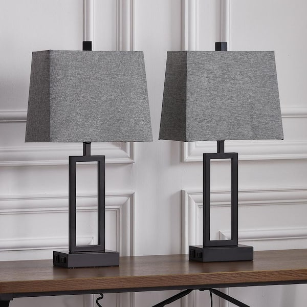 Cinkeda 23.5 in. Grey Touch Control Mental Table Lamp Set with USB 