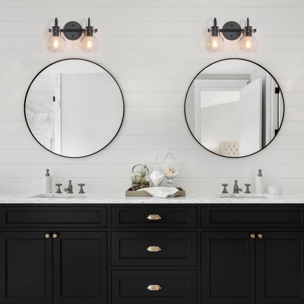 13" Black Metal Vanity Light with Clear Glass Globe Shades