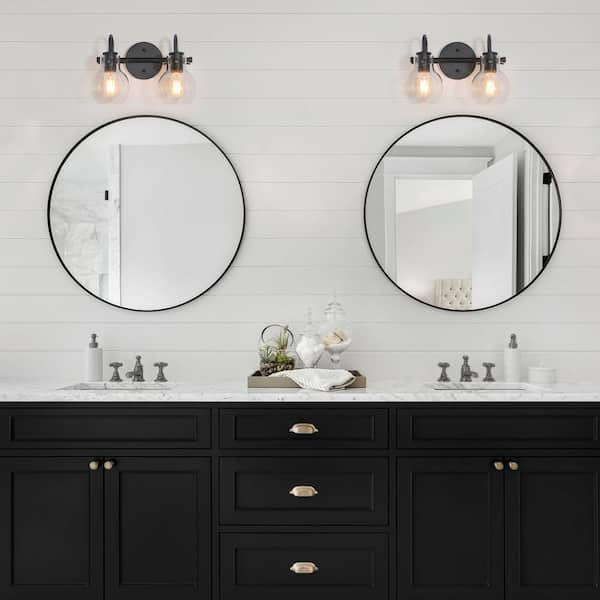 13 in. 2-Light Modern Black Arched Mirror Bathroom Powder Room Vanity Light with Globe Glass Shades