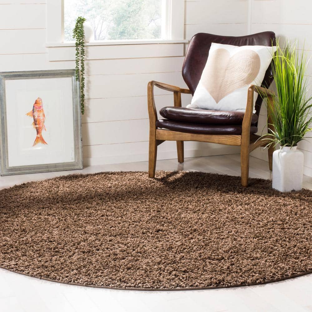 Taupe Round 6'7" Shag Area Rug with Cotton Blend