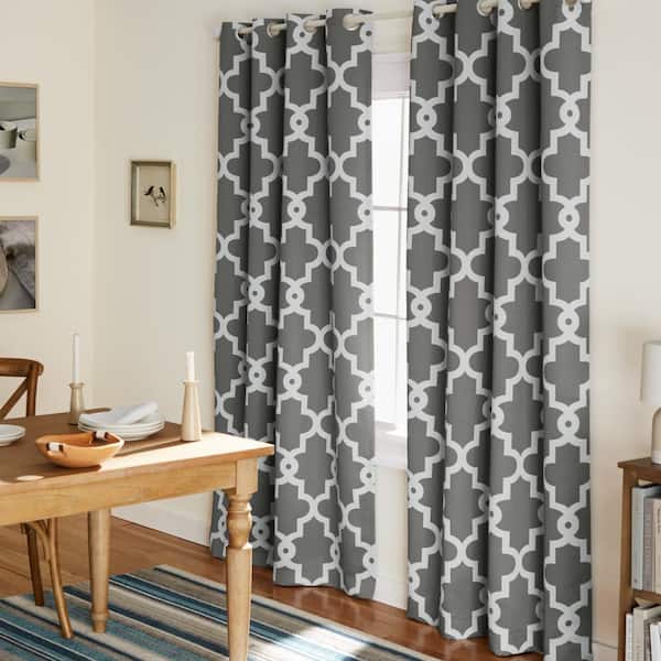 EXCLUSIVE HOME Ironwork Black Pearl Woven Trellis 52 in. W x 84 in. L Thermal Grommet Blackout Curtain (Set of 2)