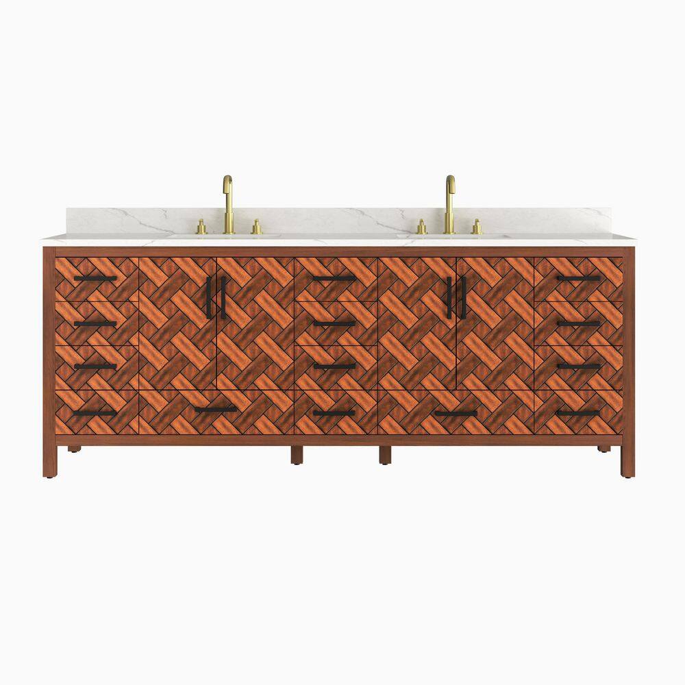 84 in. W x 22 in. D x 34 in. H Freestanding Caramel Woven Brown Bath Vanity with White Engineered Stone Top, Eco Wood price history on PriceWatchPro