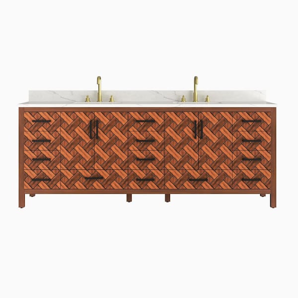 84 in. W x 22 in. D x 34 in. H Freestanding Caramel Woven Brown Bath Vanity with White Engineered Stone Top, Eco Wood