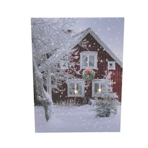 15.75 in. LED Fiber Optic Lighted Red Snowy Barn House Christmas Wall Art