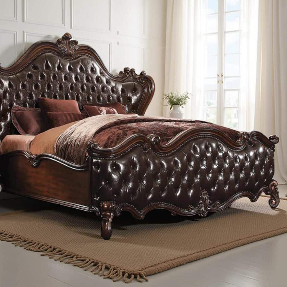 Scrolled Brown Wood Frame Queen Size Panel Bed with Tufted Padded Headboard