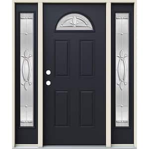 60 in. x 80 in. Right-Hand Fan Lite Blakely Decorative Glass Black Steel Prehung Front Door with Sidelites