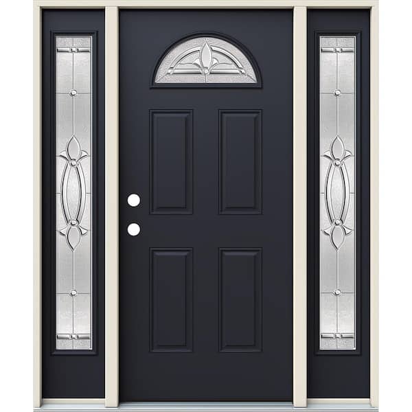 JELD-WEN 60 in. x 80 in. Right-Hand Fan Lite Blakely Decorative Glass Black Steel Prehung Front Door with Sidelites