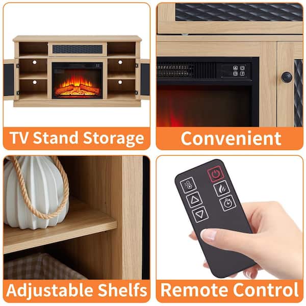 58.27 in. Freestanding TV Stand with 23 in. Electric Fireplace Insert, for TVs up to 65 in., Light Oak, Embossed Pattern