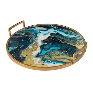 Abstract Round Mirrored Tray - 21x20x3" - Blue/Gold/White