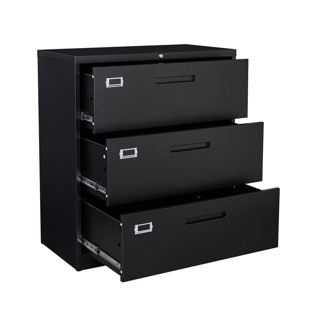 Mlezan 3 Drawer Lateral Cabinet Black Metal Cabinet Storage Filing Legal Letter File Folders 15.7""D x 35.4""W x 40.5""H -  DBKS2022127B