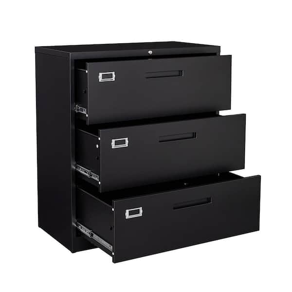 Mlezan 3 Drawer Lateral Cabinet Black Metal Cabinet Storage Filing Legal Letter File Folders 15.7"D x 35.4"W x 40.5"H