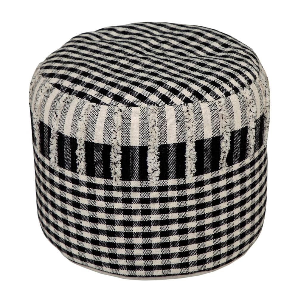 Nora Black/White Tartan/Plaid Hand-Woven Organic Cotton Ottoman Pouf