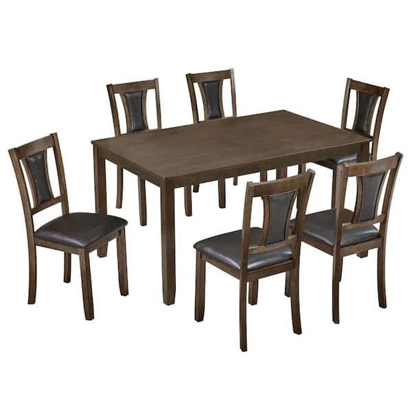 UOI 7 Piece Rectangular Walnut Wood Top Dining Table Set with 6 ...