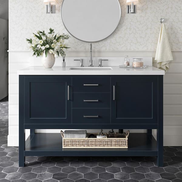 Bayhill 55 in. W x 22 in. D x 36 in. H Bath Vanity in Midnight Blue with Pure Pure White Quartz Top