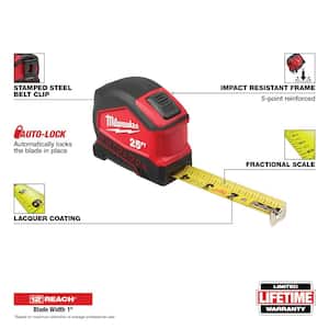 Compact Auto Lock 25 ft. SAE Tape Measure with 9 ft. Standout with FASTBACK 6-in-1 Folding Utility Knife