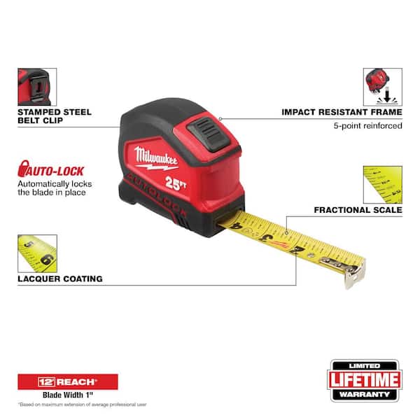 Milwaukee Compact Auto Lock 25 ft. SAE Tape Measure with Fractional Scale  and 9 ft. Standout 48-22-6825 - The Home Depot