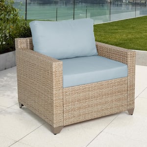 Maui Outdoor Club Chair in Natural Aged Wicker with Sky Blue Cushions