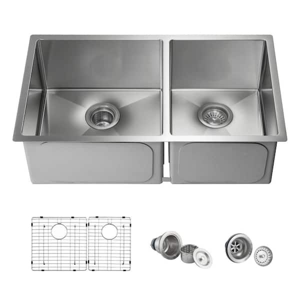 32 3/4 in. Handcrafted Undermount Double Bowl Stainless Steel Kitchen Sink